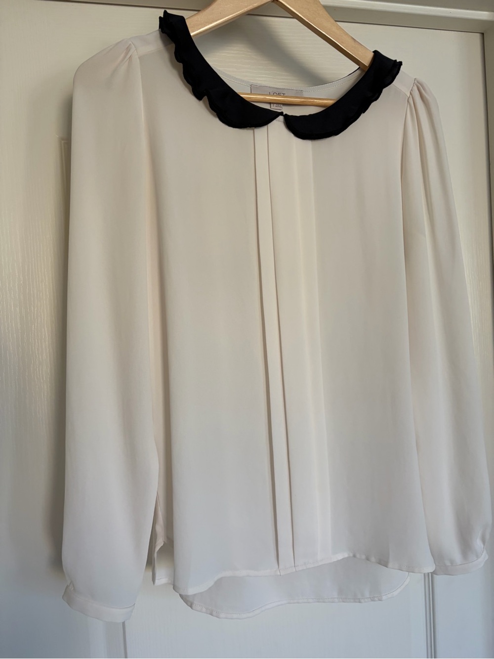 LOFT Long Sleeve Cream Blouse with Black Scalloped Collar